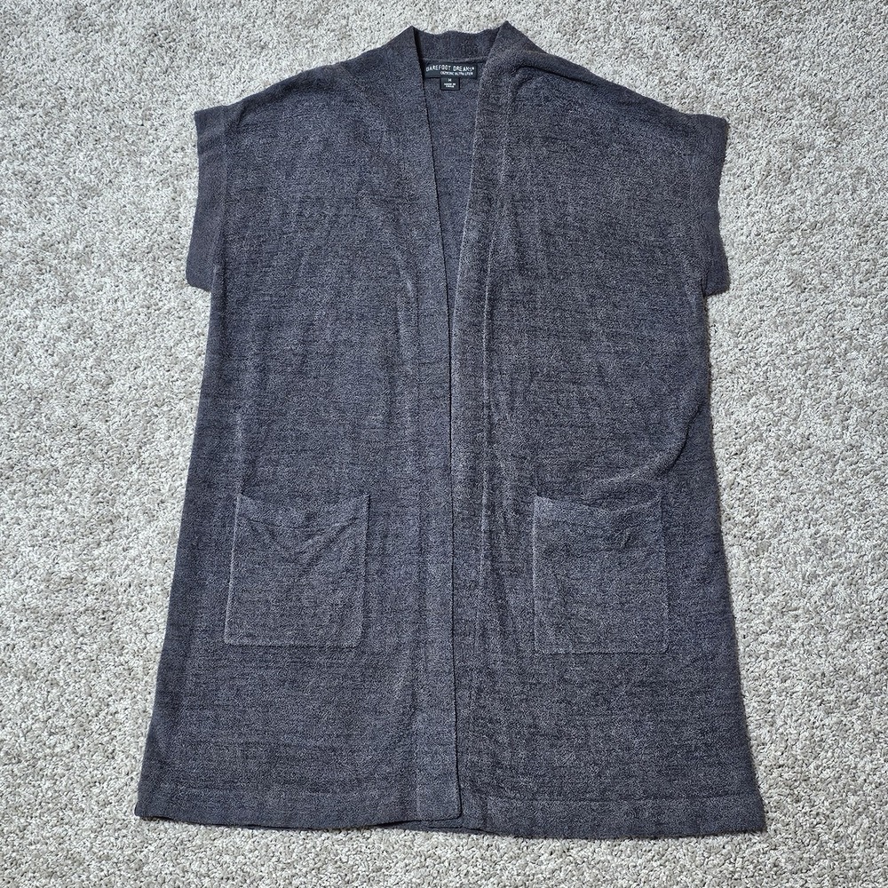 Barefoot Dreams CozyChic Ultra Lite Sz M Cardi Vest Cardigan Cap Sleeve Gray 497